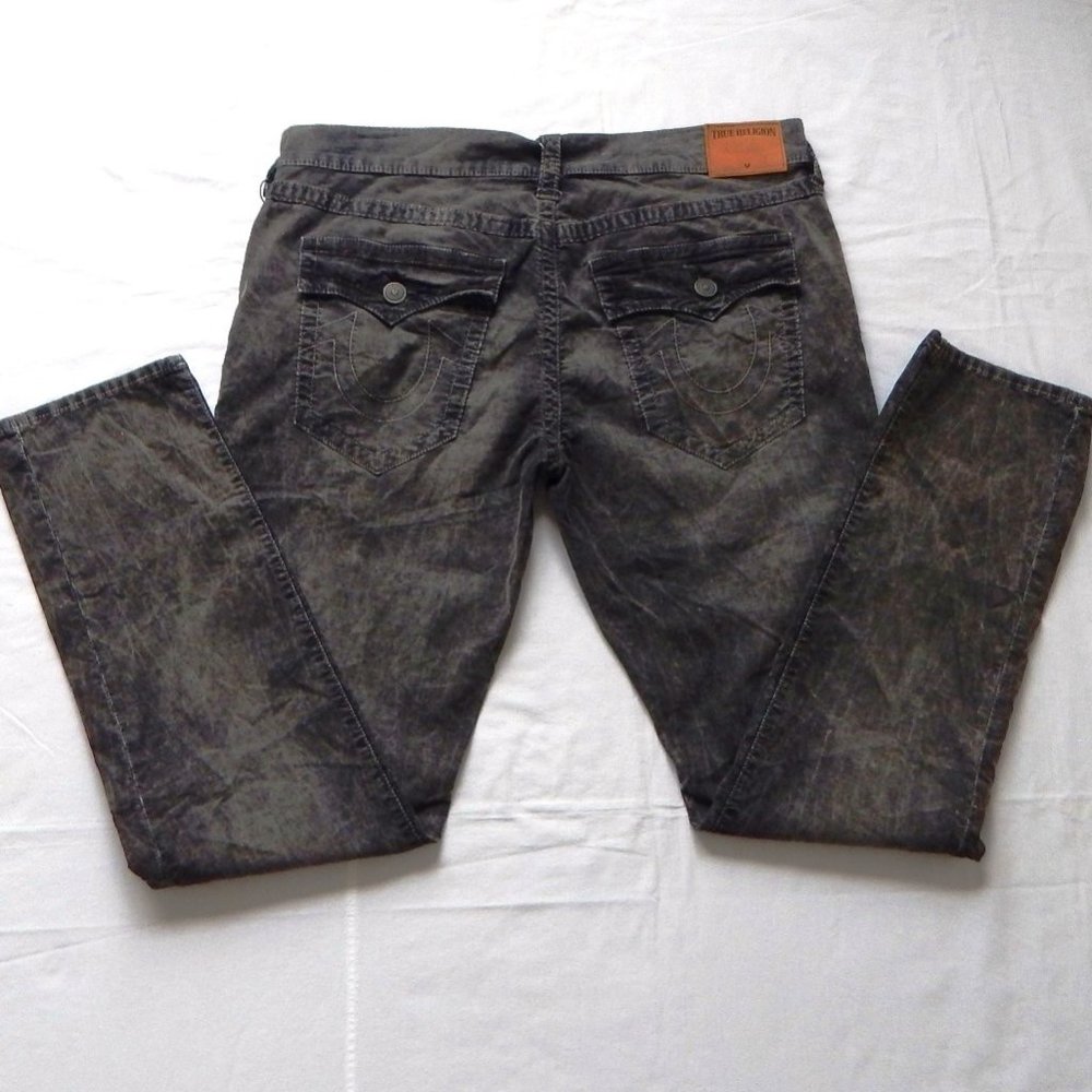 NWT Men TRUE RELIGION GENO RELAXED SLIM FLAP Acid Wash Grey Velour Jeans 38 x 33